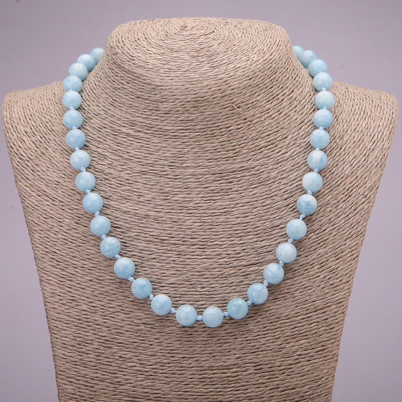Bead Necklace of Natural Aquamarine — Smooth Beads, Diameter 10 mm (±), Length 45 cm