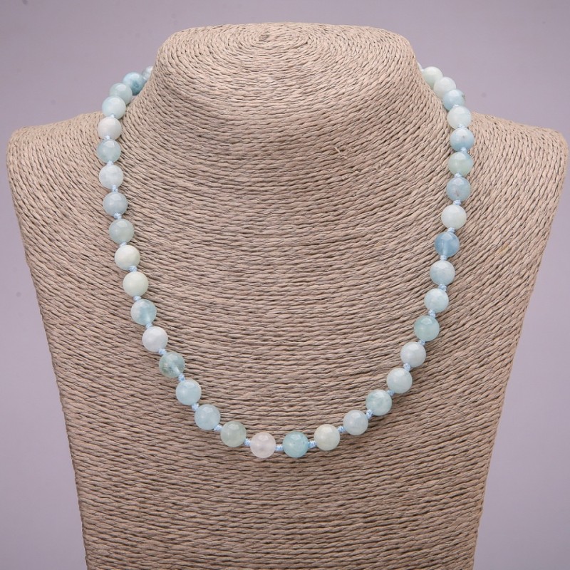 Aquamarine Natural Stone Necklace with Smooth Beads, 10 mm Diameter, 45 cm Length