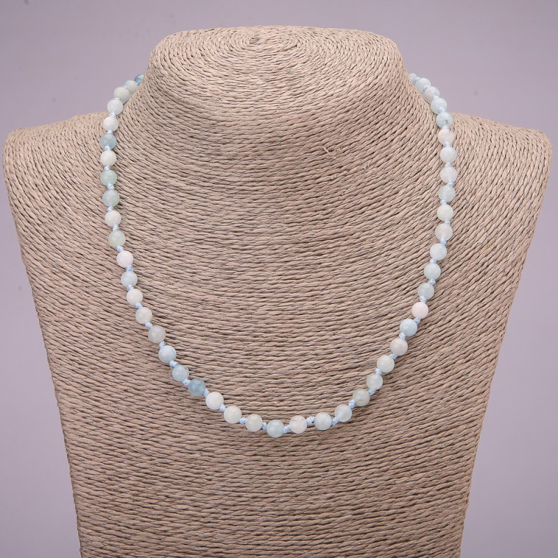 Aquamarine natural stone necklace with smooth beads, 6 mm diameter, 45 cm length