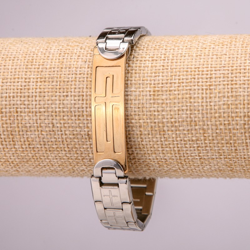 Metal bracelet made of stainless steel with clasp, 14 mm thick, 21 cm long, silver with gold-tone