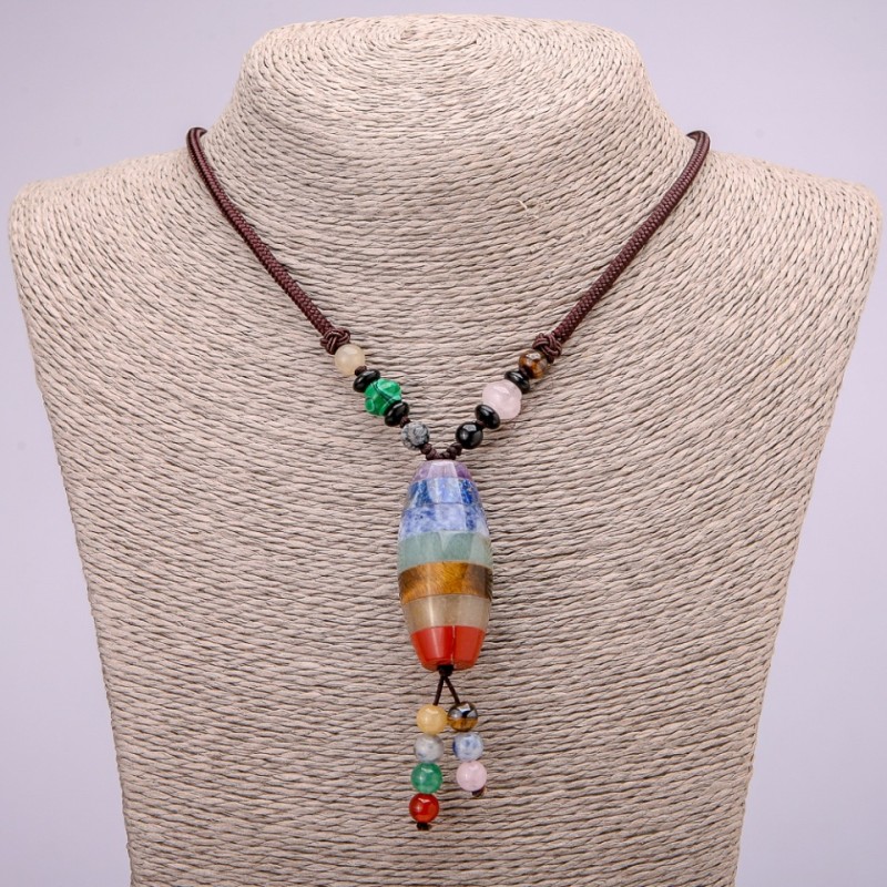 Clearance: Assorted natural stones pendant on a cord with natural stone beads, 84 cm long