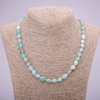 Faceted natural aquamarine gemstone necklace, bead diameter 7x9(±)mm, length 48 cm