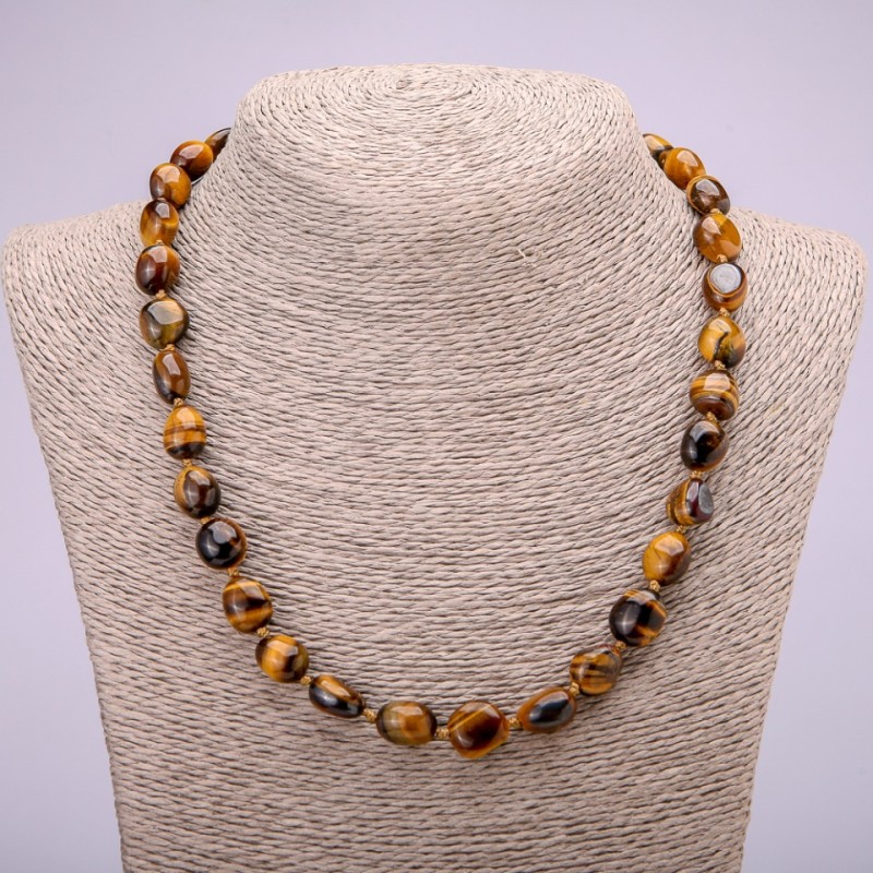 Tiger's Eye natural stone necklace with faceting, bead diameter 10x12 (+/-) mm, length 48 cm