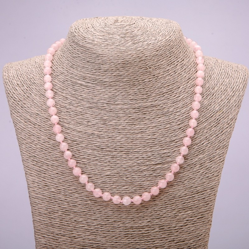 Natural Stone Necklace Pink Quartz, Smooth Beads, 6mm Diameter, 48cm Length