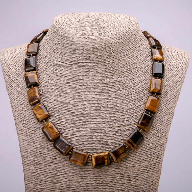 Bead necklace of natural Tiger's Eye stone, rectangular-cut, 13x18 mm, length 48 cm