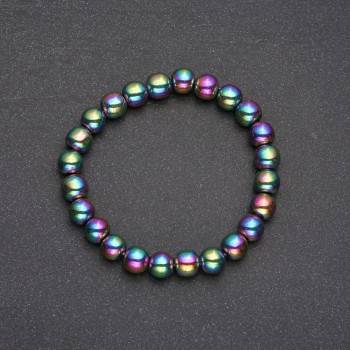 Hematite bracelet with plating, smooth beads, 8 mm diameter, 18 cm length on elastic