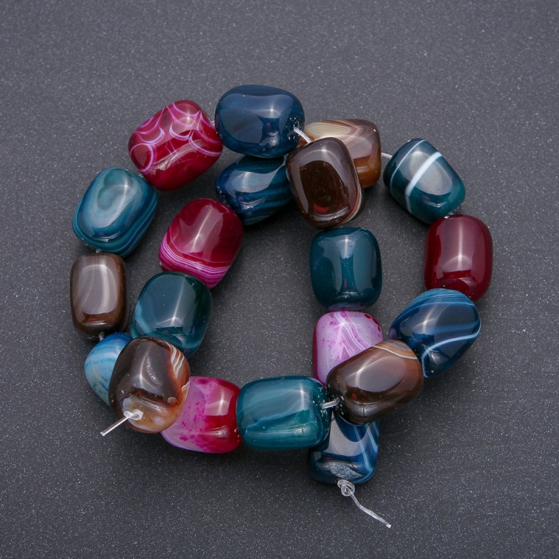 Colorful agate beads on a beading line, natural stone, faceted brick/bar, 20×15 mm, 38 cm long (±)