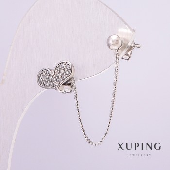 Xuping Rhodium Earrings for One Ear, Heart-shaped 11x7mm with White Crystals on Chain, Length 44mm, 4mm Ball +