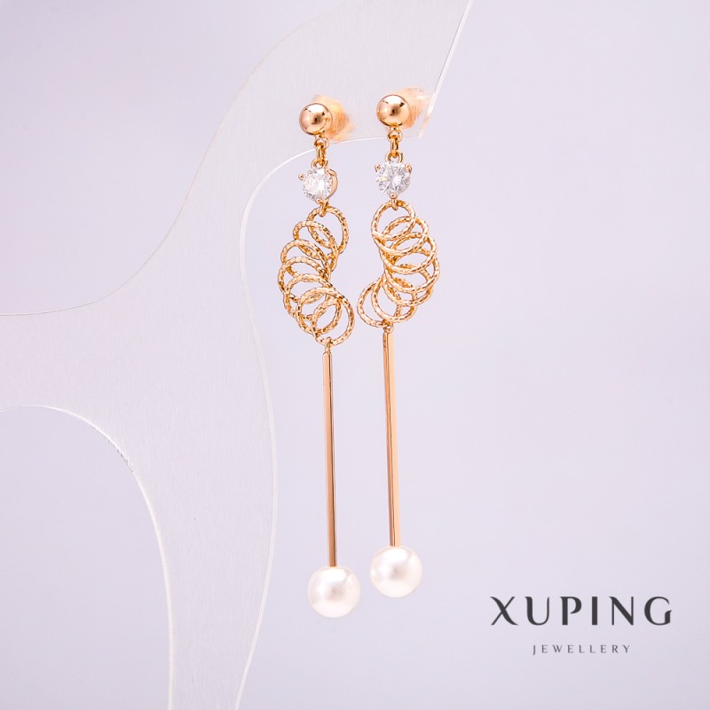 Xuping Earrings with 18K Gold Plating, Majorca Pearl and White Stone, Length 77 mm +