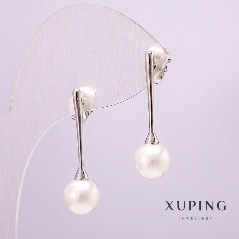 Xuping Rhodium Earrings with Pearl, 8 mm Diameter, 28 mm Length +