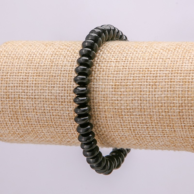 Black Agate Bracelet, natural stone, smooth roundels, 8x5 mm diameter, length 18 cm +/- (stretch)