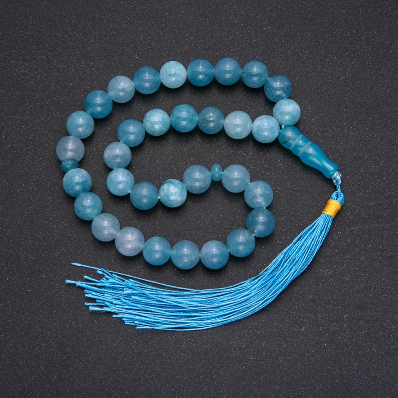 Natural Aquamarine Prayer Beads, 33 Beads, Smooth Spheres, 10mm Diameter, Aquamarine Inlay