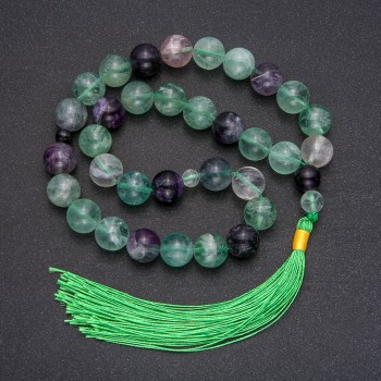 Prayer beads made from natural fluorite, 33 beads, smooth spheres, diameter 12 mm ±, fluorite inlay