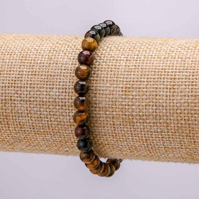 Elastic bracelet with natural stones: Tiger's Eye, Bull's Eye, Hawk's Eye, 18 cm circumference, smooth bead, 6 mm diameter +