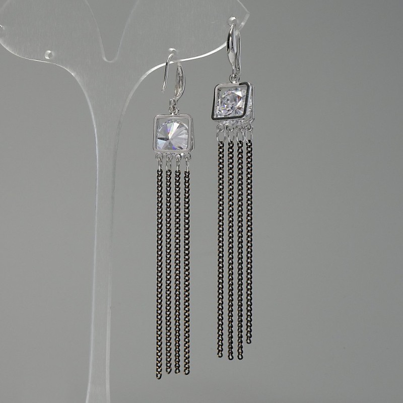 Earrings with silver-toned metal and white crystals and chains 'Black Gold', length 85 mm
