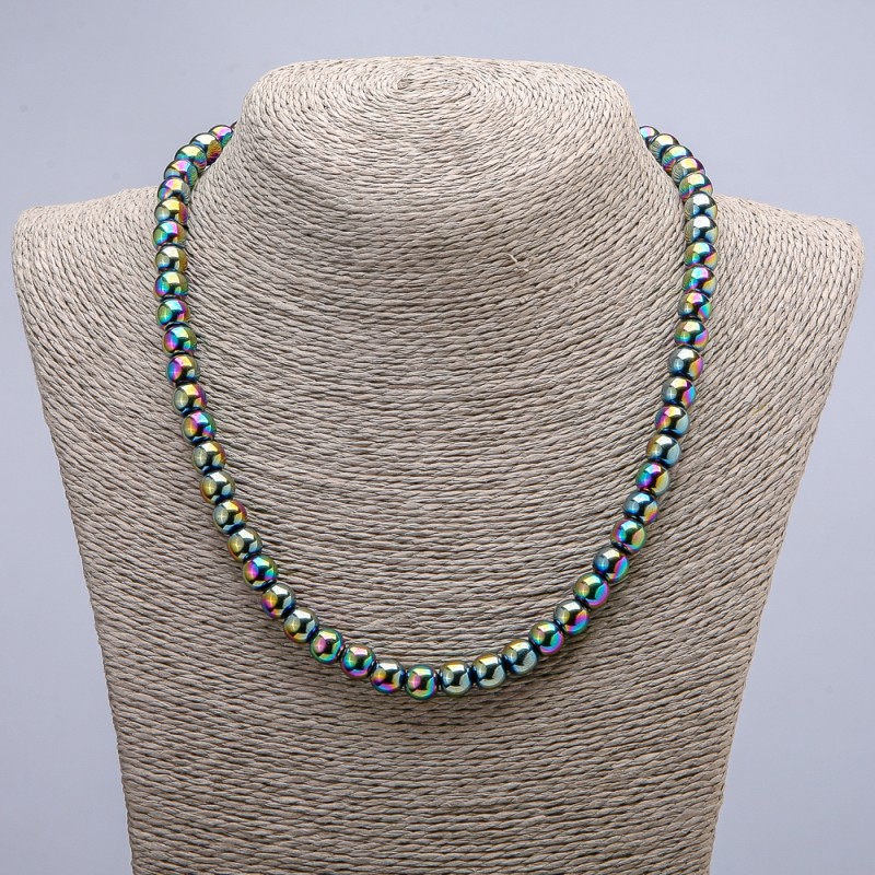 Hematite necklace with gunmetal finish, smooth bead, 8 mm diameter, 45 cm length ±
