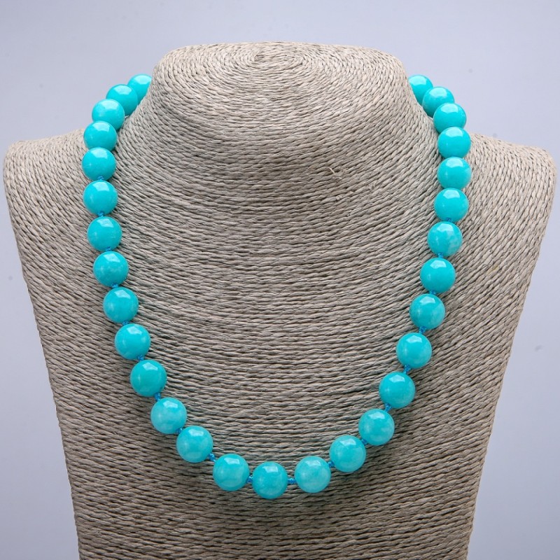 Aquamarine natural stone necklace with a smooth bead, 12 mm diameter, 48 cm length +