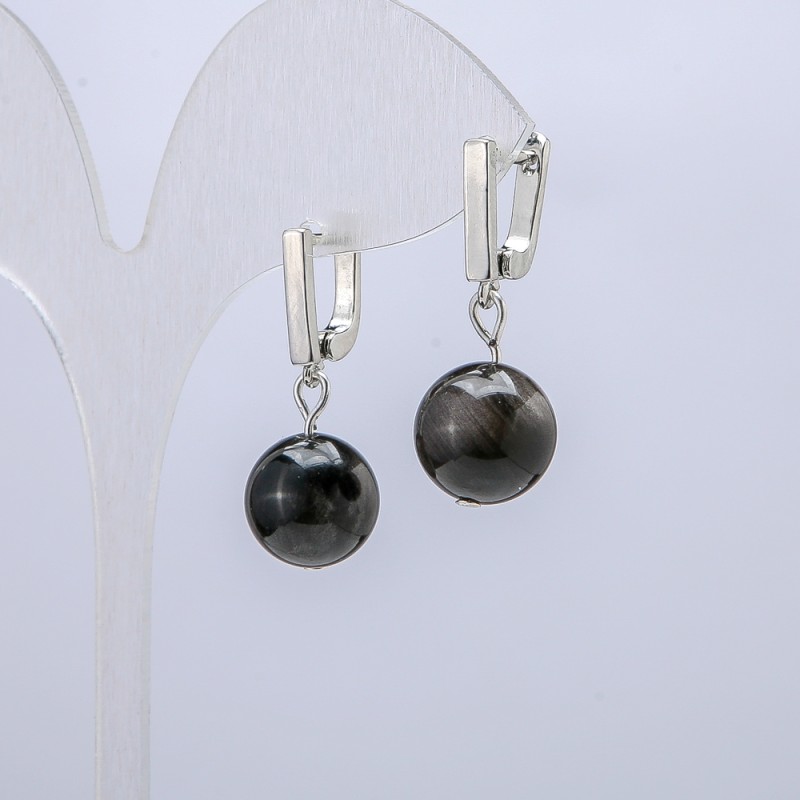 Silvery Obsidian Earrings, 12mm diameter, 30mm length +