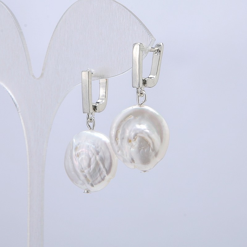 Earrings with natural baroque pearls, diameter 16 mm, length 35 cm ± with petrol iridescence