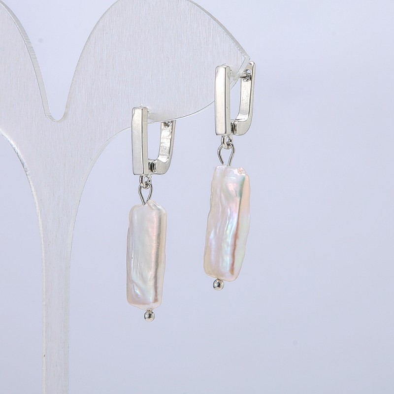 Earrings with natural baroque pearls, 17x10 mm diameter, 37 mm length +/- with petrol tint