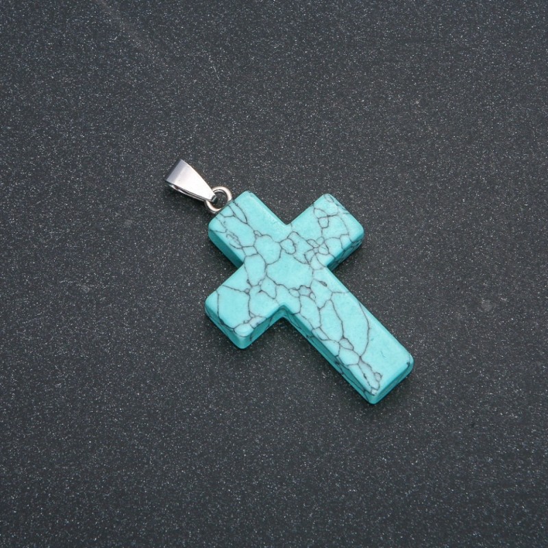Cross Pendant, Turquoise Stone (Imitation) 50x28 mm +