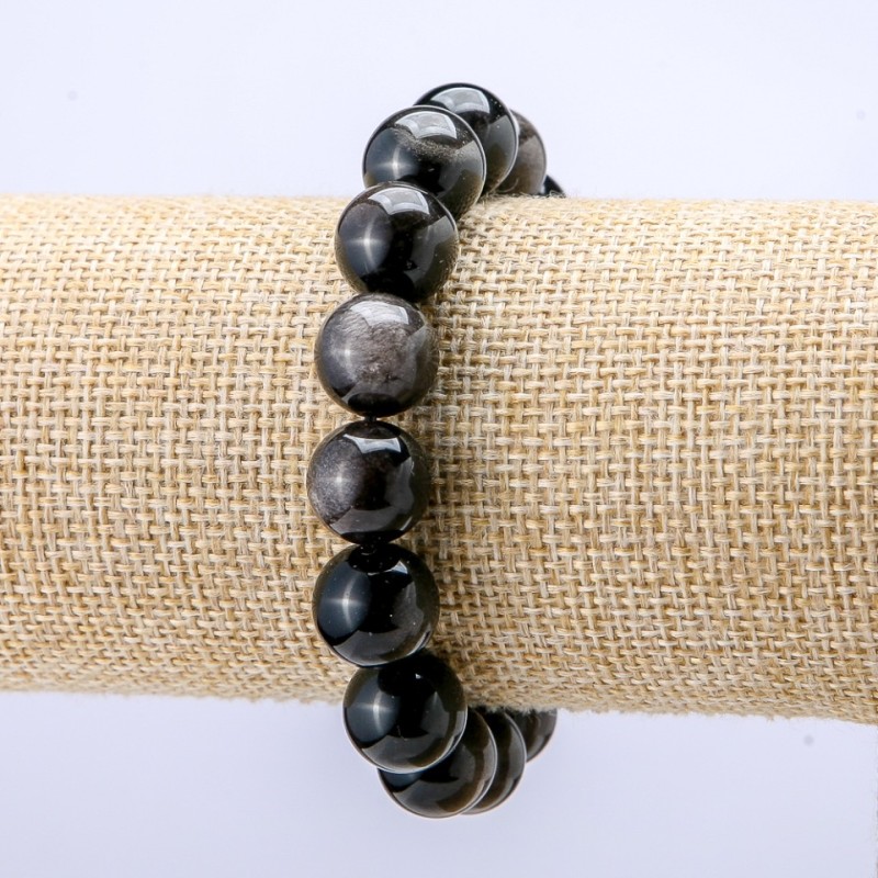 Bracelet with natural obsidian stone, silver-toned smooth beads, 12 mm diameter, length 18 cm +