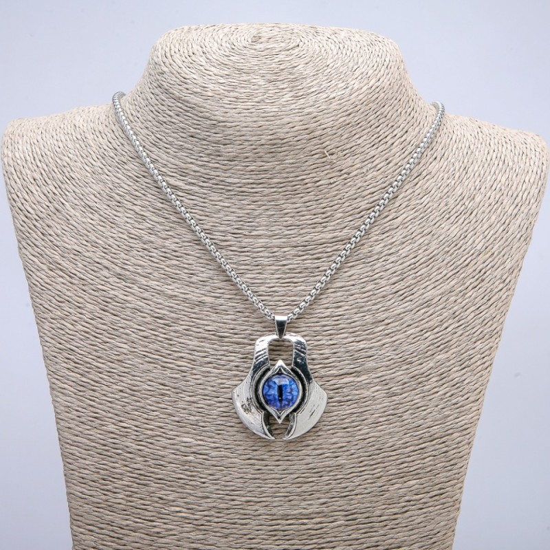 Dragon Eye Pendant in Bezel 43×35 mm on Chain, 70 cm Chain Length, Silver-Colored Metal