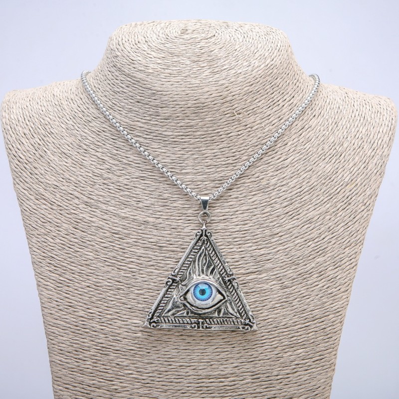 Pendant 'Eye in a Triangle' 65×55 mm on chain, 70 cm long, silver metal