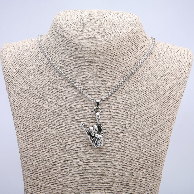Pendant 'Hand Gesture' 50x20mm on a chain, chain length 70 cm +/- silver-colored metal