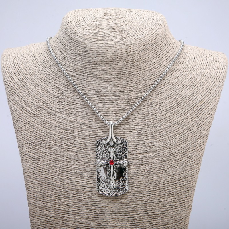 Pendant 'Cross' 62x28 mm on a chain, length 70 cm, silver-colored metal