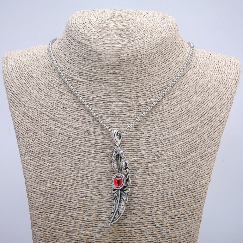 Pendant 'Paw with Feather Dragon Eye' 70x20 mm on a chain, length 70 cm, silver-colored metal