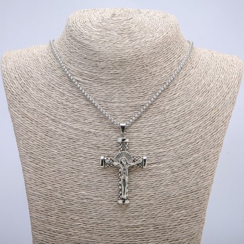 Pendant 'Cross' 60×35 mm on a chain, 70 cm long, silvery metal