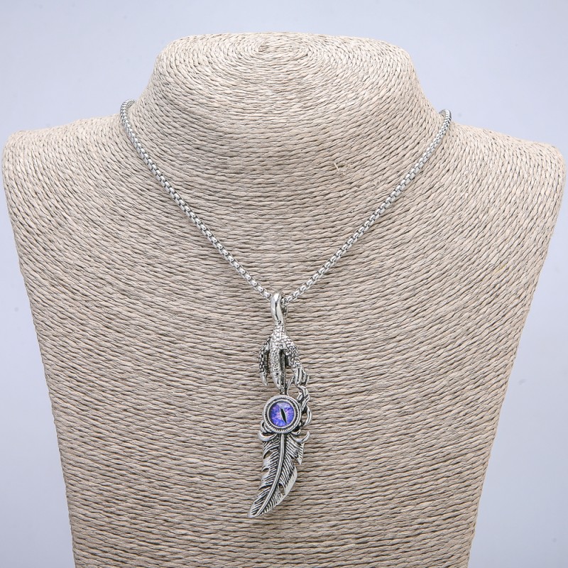 Pendant 'Paw with Dragon Eye Feather' 70×20 mm on a chain, length 70 cm silvery metal