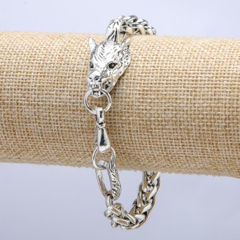 Chain bracelet 'Wolf Head' silver metal 17x40 mm, thickness 8 mm, length 20 cm +