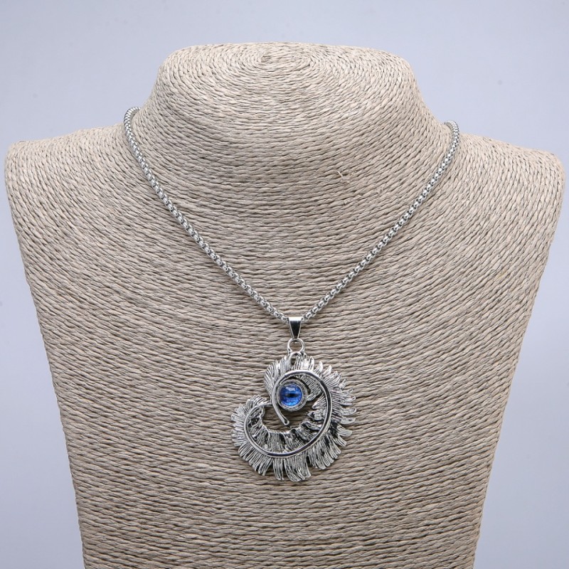 Pendant 'Feather with Dragon's Eye' 50x40 mm on a chain, length 70 cm, silver-colored metal