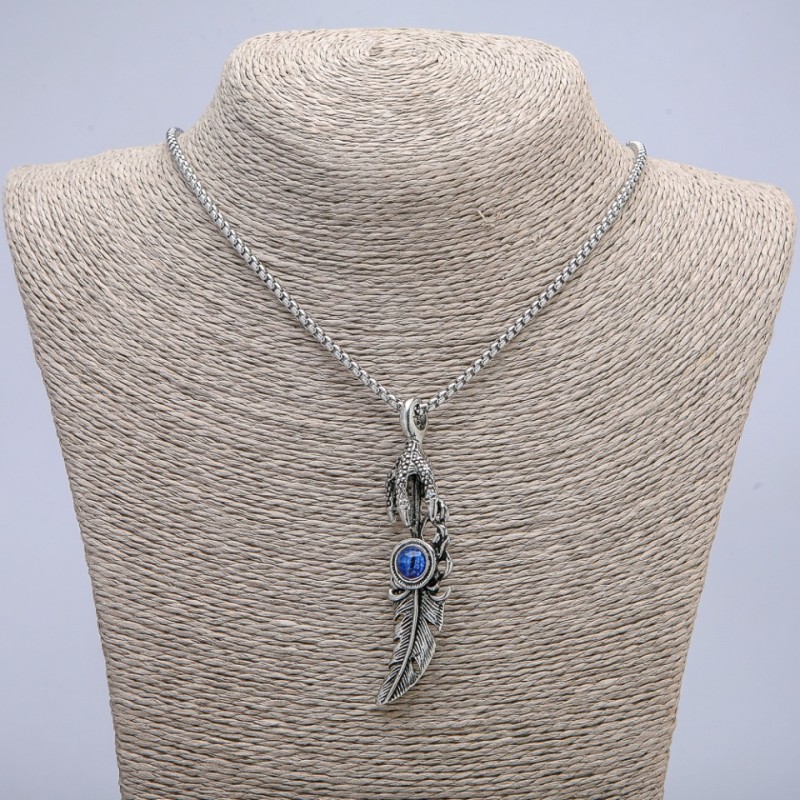 Pendant "Paw with Feather Dragon's Eye" 70x20mm on chain, length 70 cm, silver metal