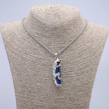 Leopard Pendant with Blue Crystal 50x10 mm on a Chain, 65 cm Length, Silver