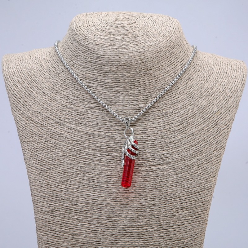 Pendant Hand with Red Crystal 50x10 mm on Chain, Length 65 cm, Silver