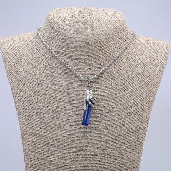 Pendant Hand with Blue Crystal, 50x10 mm, on chain, 65 cm length, silver metal