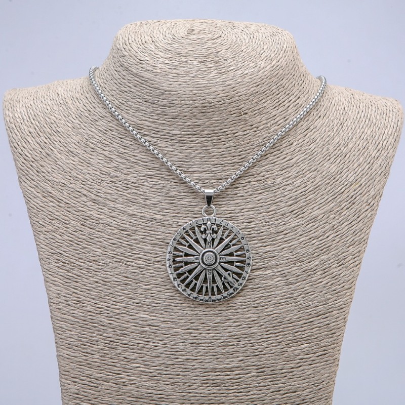 Pendant "Compass" 50x37 mm on a chain, chain length 65 cm, silver-colored metal