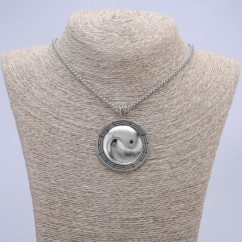 Pendant 'Yin Yang' 50×38 mm on chain, chain length 65 cm, metal color silver