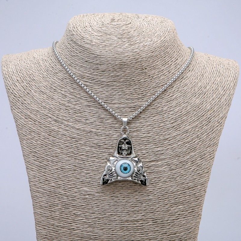 Pendant "Death with an Eye" 50×33 mm on a chain, length about 70 cm, silver metal