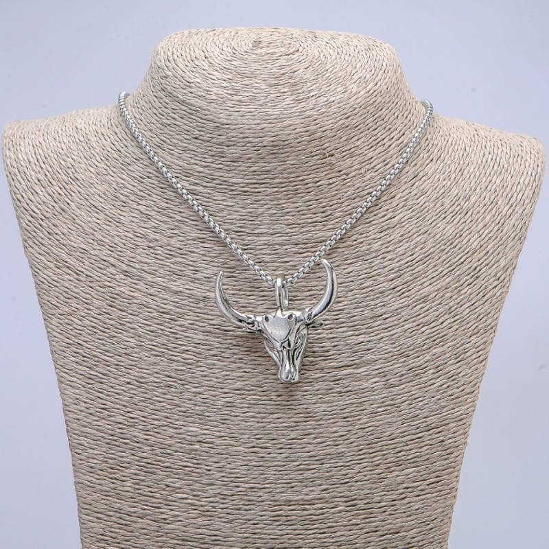 Pendant "Bull's Skull" 40x45 mm on a chain, length 70 cm, silver-toned metal