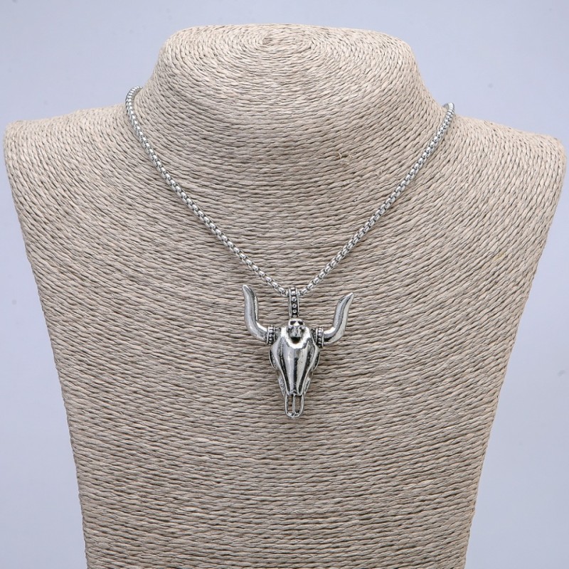 Goat Skull Pendant 47×38 mm on Chain, 70 cm Long, Silver-Colored Metal