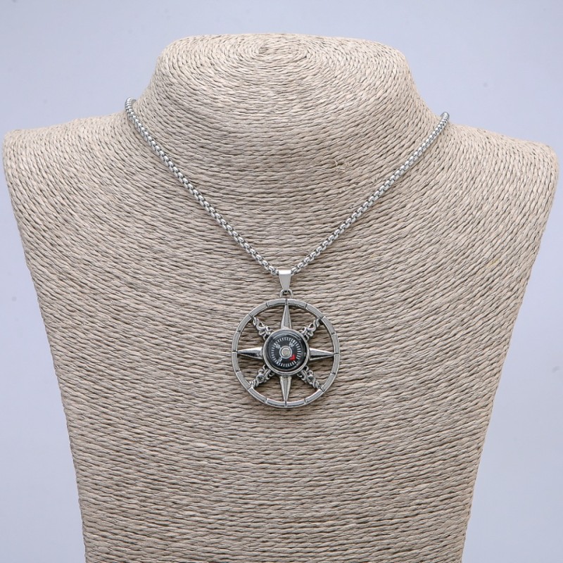 Pendant "Compass" 50x38 mm on a chain, length 70 cm, silver-tone metal
