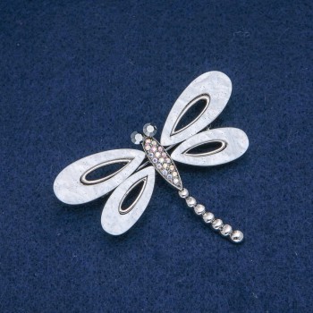 Butterfly Brooch with White Mother-of-Pearl, White Petrol-Colored and Gray Crystals, Gold-Tone Metal 62x45mm +