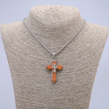 Pendant Cross 55x32mm on a chain, length 65 cm, silver-toned metal, wood