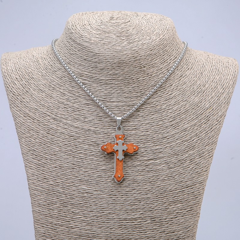 Pendant Cross 55x32mm on a chain, length 65 cm, silver-toned metal, wood