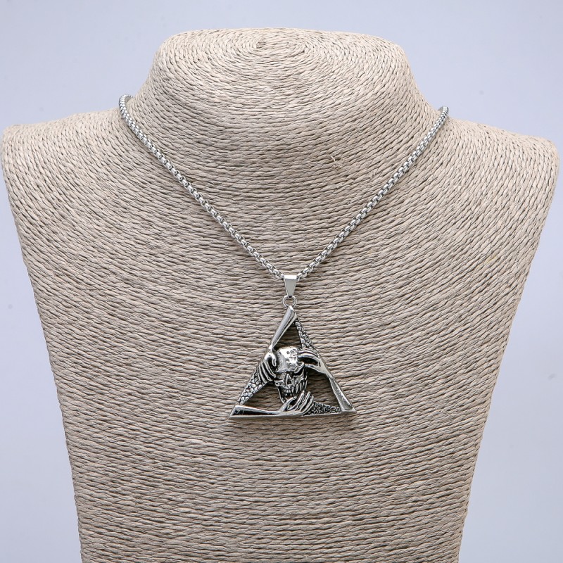 Pendant "Skull in a Triangle" 50×45 mm on a chain, length 70 cm silver-toned metal