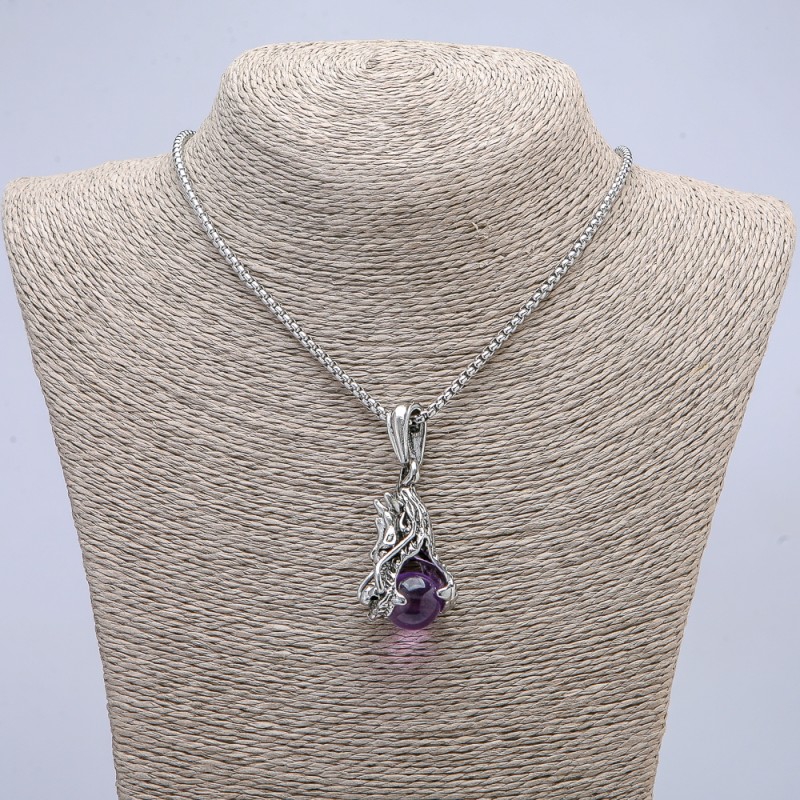 Pendant Dragon Head and Purple Sphere 22x51mm +/- on chain, length 65 cm, silver-colored metal